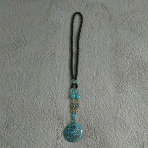 Turquoise Blue Necklace, Black Beads, With Gold Ac
